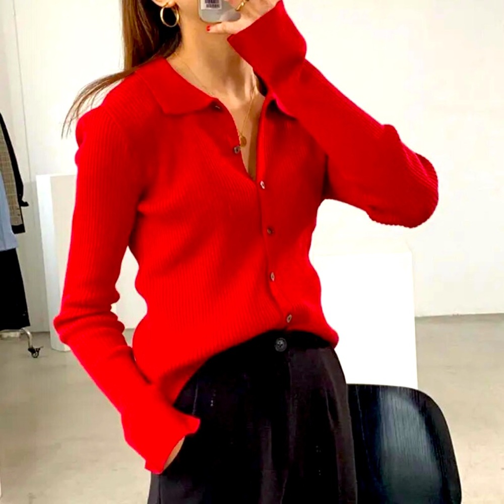 Slim Fit Solid Button Down Knitted Cardigan Sweater for Women in Red Size S